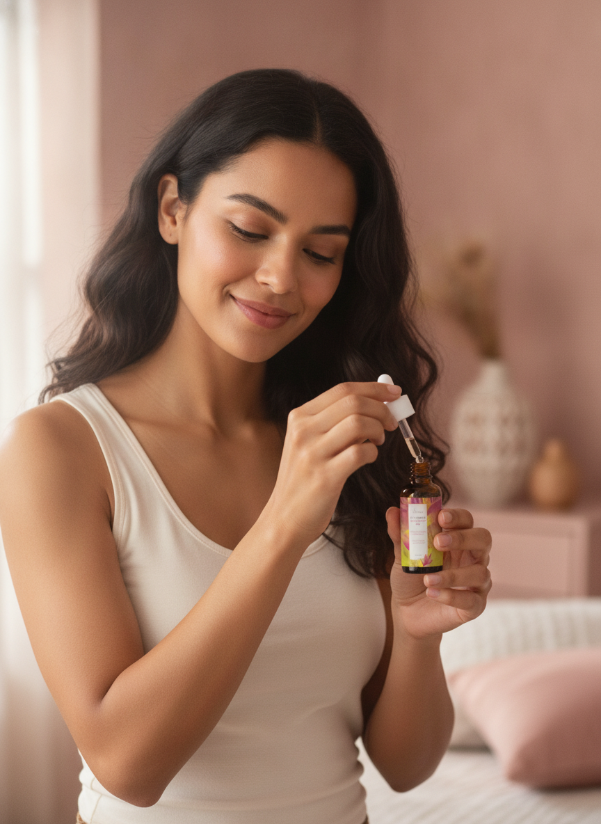 A woman in her late 20s-early 30s smiles softly while applying Cyperus Rotundus Hair Removal Essential Oil to her arm, her sk
